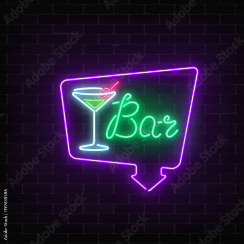 Neon cocktails bar or cafe sign in frame with arrow on dark brick wall background.