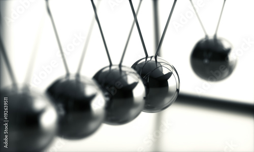Energy Conservation Momentum. 3D illustration of Newton's cradle, concept of conservation of momentum and energy.