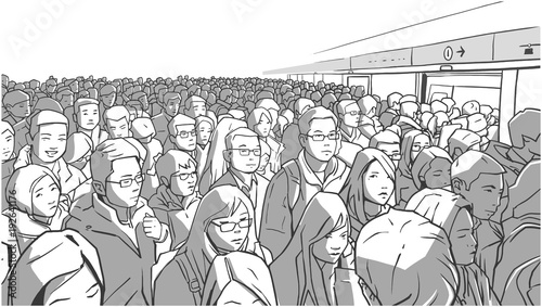 Illustration of crowded metro  subway station. People boarding cart in rush hour.