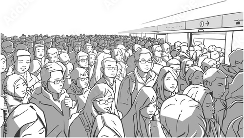 Illustration of crowded metro, subway station. People boarding cart in rush hour.