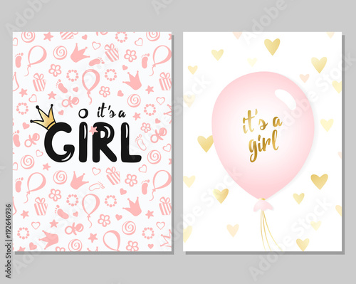 Vector set of pink baby shower cards for girls. It's a girl card. Vector invitation with cute pattern, balloon. Baby arrival and shower