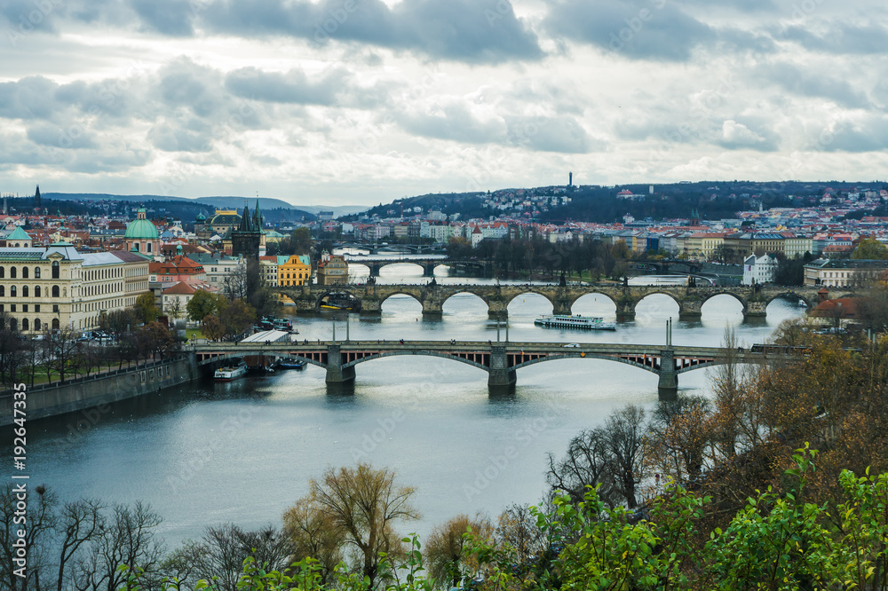 Panorama of Prague from the Letna park on the river Vltava and bridges. Czech Republic.