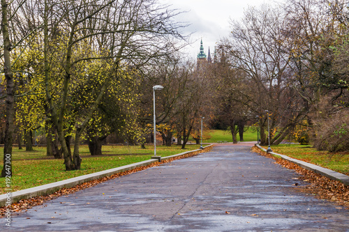 Autumn scene with walkway in the hills of Letna garden in Prague photo