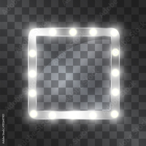 Make up vector mirror. Movie star, retro artist appearance preparations background. Metallic frame with glowing electric lamps for branding, posters, ads, announcements.  Casino selling banner.
