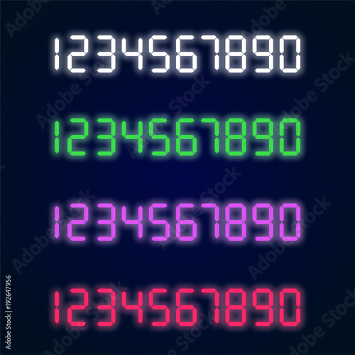 Home appliance digital numbers vector set. Digital glowing collection for alarm clocks, calculators, vintage style technical design.