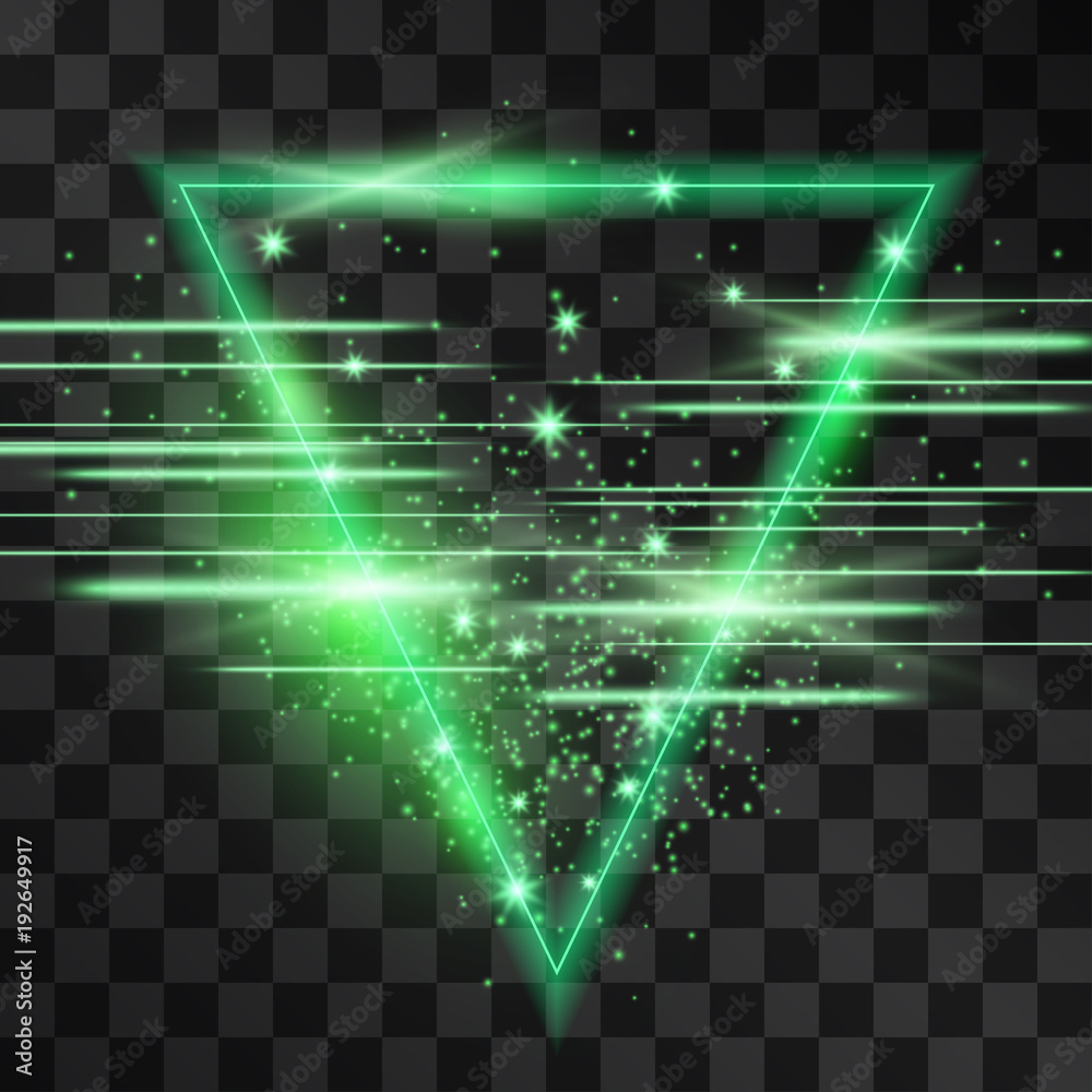 Laser glow on triangle vector scintillation. Green motion light effect blinking flares on transparent background. Light energy stream illustration. Power flow of high speed particles with sparkles.