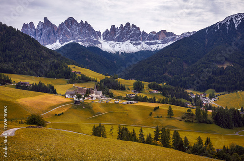 Famous best alpine place of the world, Santa Maddalena (St Magdalena) village with magical Dolomites mountains in background, Val di Funes valley, Trentino Alto Adige region, Italy, Europe