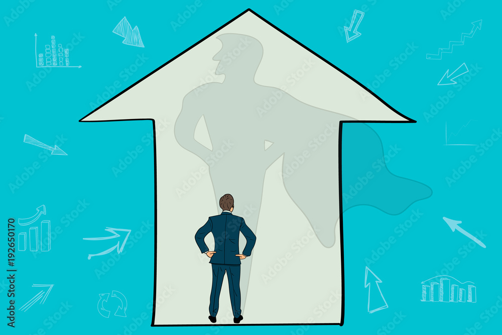 Φωτογραφία Businessman looks at the arrow pointing up and sees the silhouette of the superm