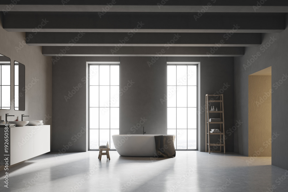 Fototapeta premium Interior of a gray bathroom with white floor