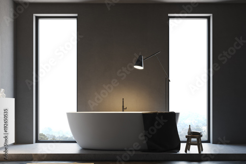 Minimalistic gray bathroom  white tub