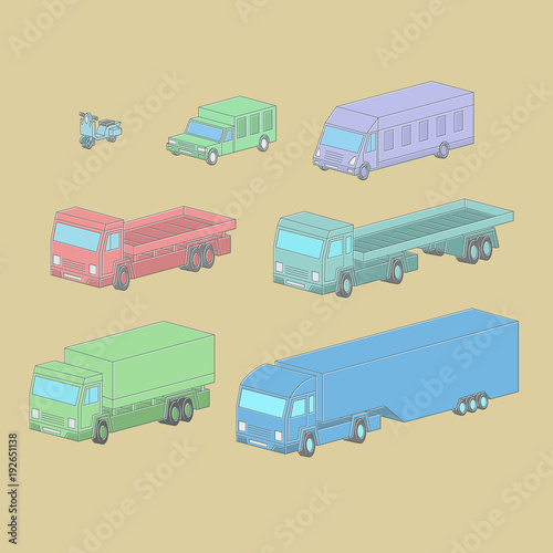 Vector set illustration of vehicle in isometric