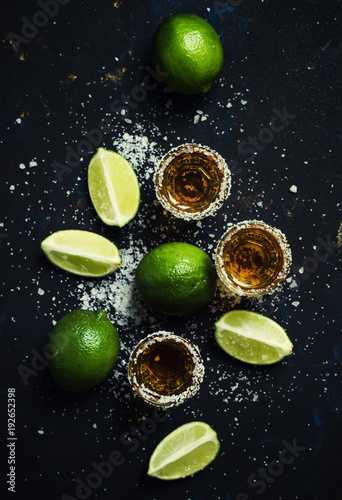 Strong alcoholic drink with salt and lime, dark background, top view © 5ph