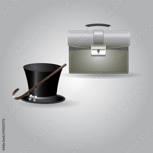 Icons portfolio, hat, cane on a gray background