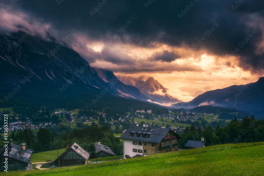 Naklejka premium Majestic Dolomites mountain range, valley with south tyrol dolomites background. South Tyrol, Dolomites, Italy.