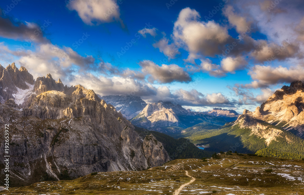 Majestic Dolomites mountain range, valley with south tyrol dolomites background. South Tyrol, Dolomites, Italy.
