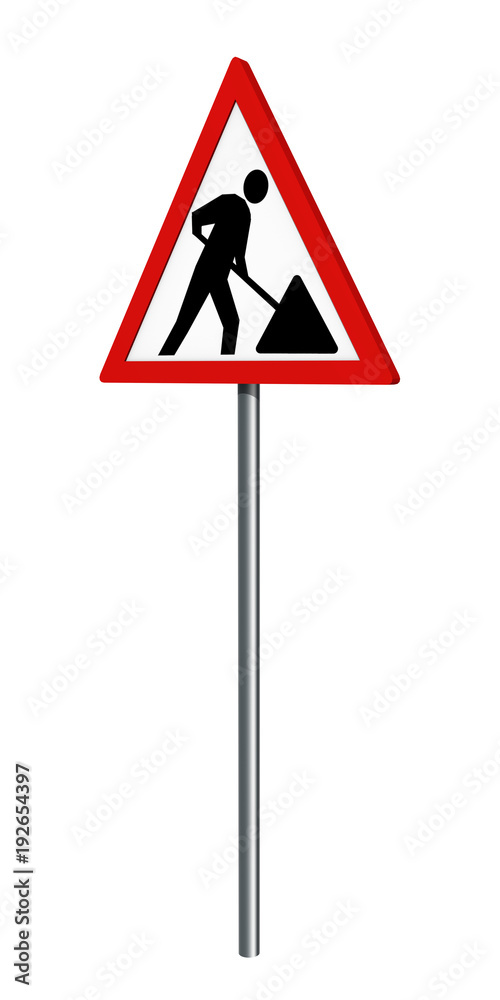 Deutsches Verkehrszeichen: Baustelle, auf weiß isoliert, 3d render Deutsches Verkehrszeichen: Baustelle, auf weiß isoliert, 3d render