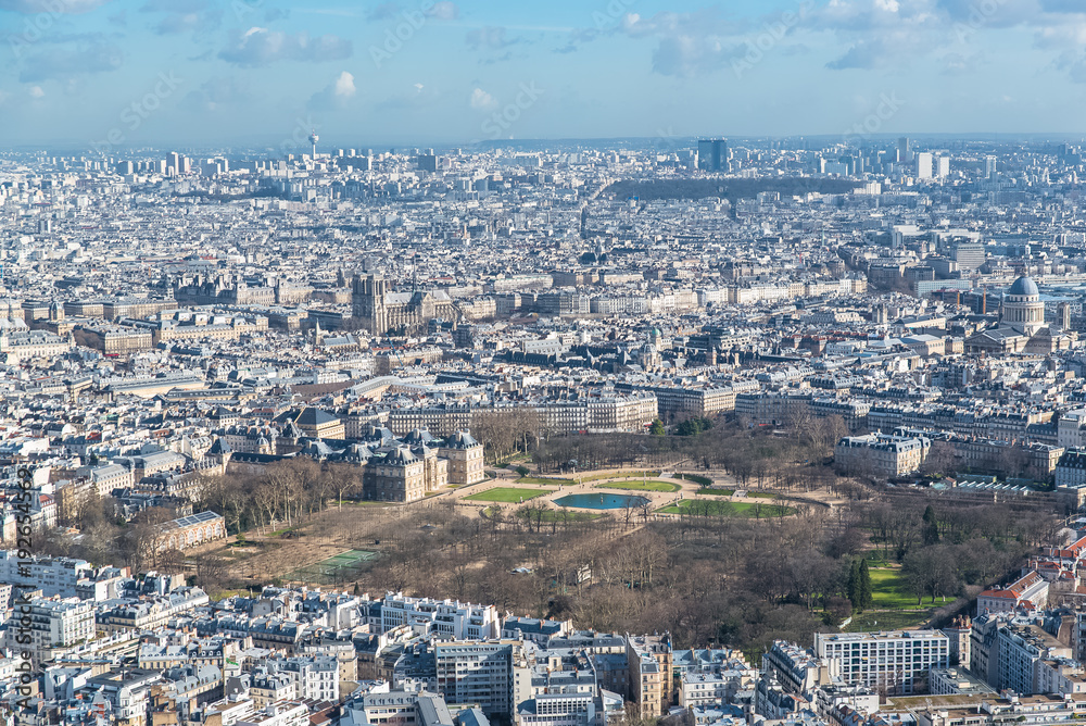 Paris, panorama of the Luxembourg gardens and Notre-Dame cathedral in background, view from the Montparnasse tower
