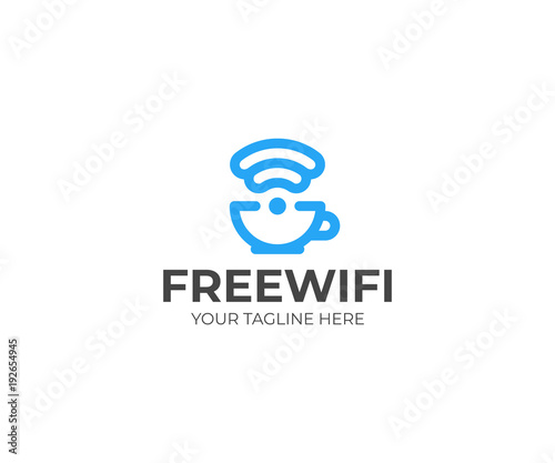 Internet cafe logo template. Free wifi area vector design. Wi-fi symbol and coffee cup illustration