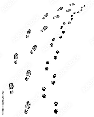 Footprints of man and dog, turn right