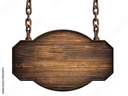 Wooden sign in dark wood hanging on a chain isolated