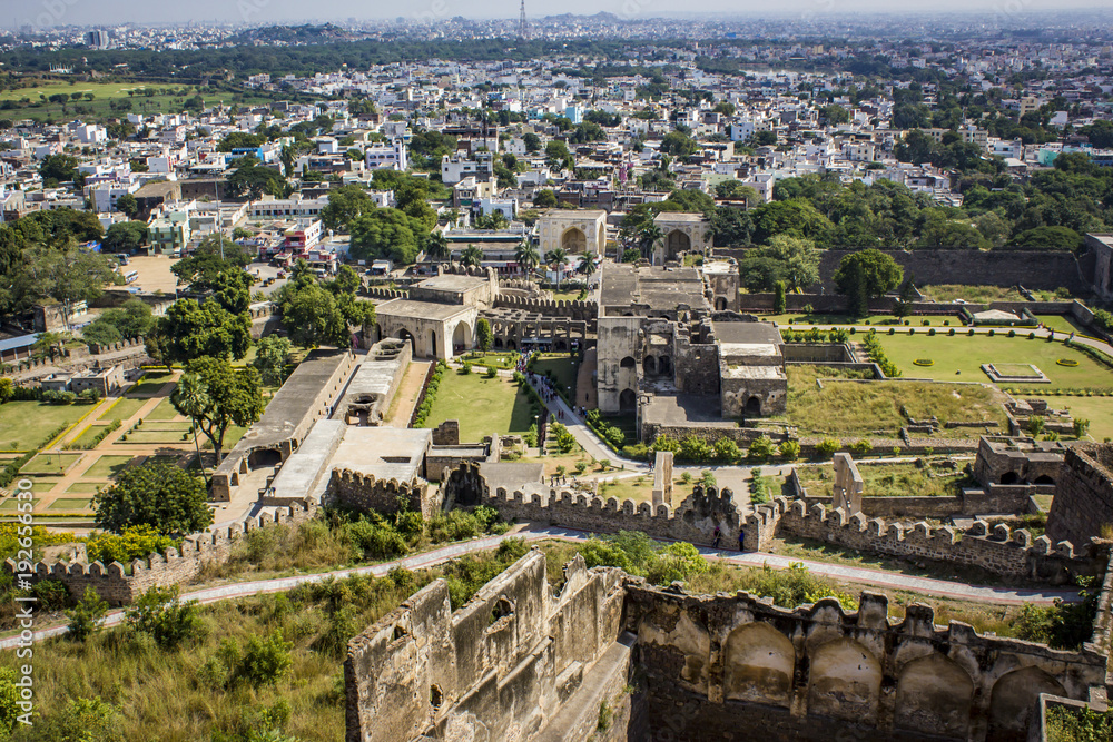 Looking down at the Ruins of Golconda Fort, into the Old Area of the City in Downtown Hyderabad, India