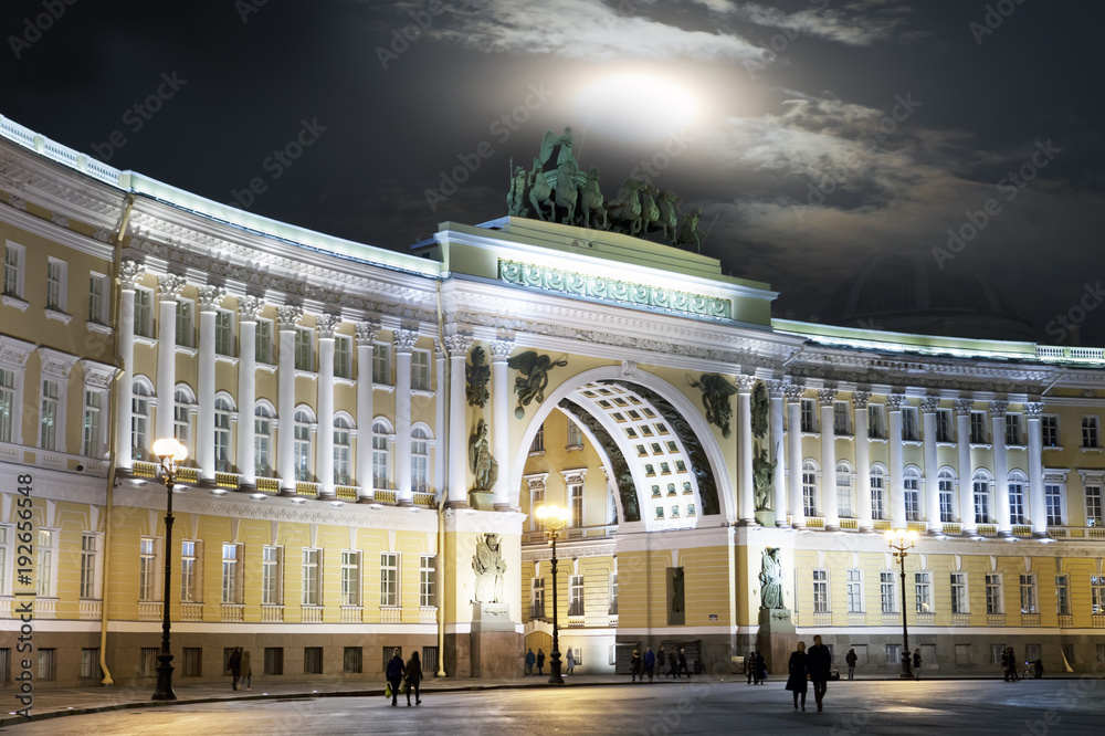 St. Petersburg. Russia. Palace Square and Arch of the General Staff Building in night illumination