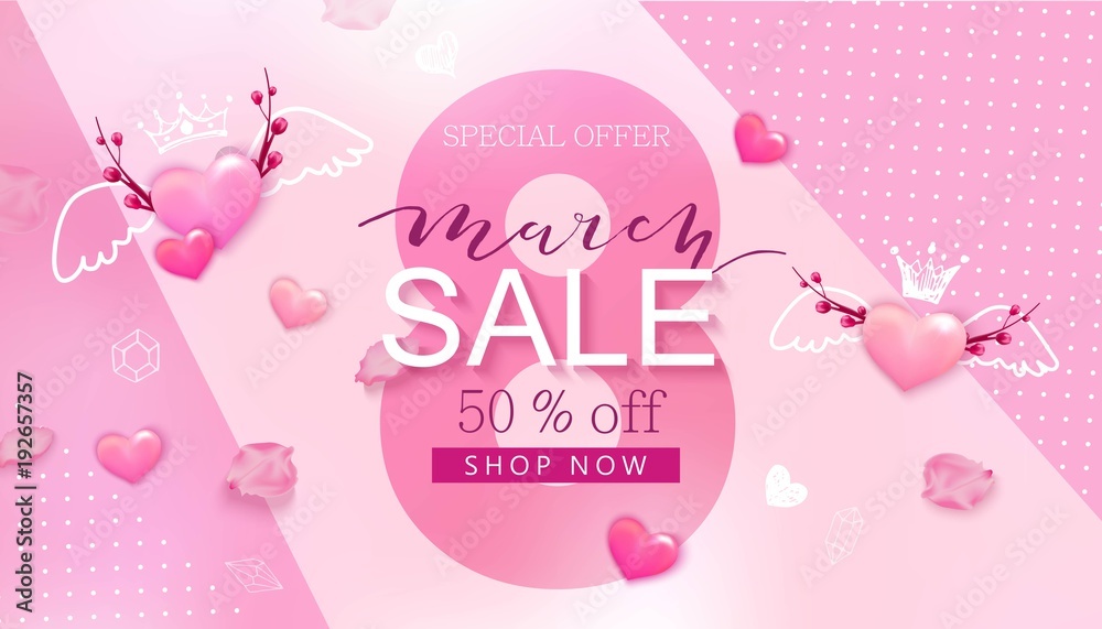 8 march sale banner with heart and sakura