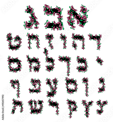 Floral Hebrew font. letters of flowers Hebrew alphabet. Hand draw. Doodle. Vector image on isolated background