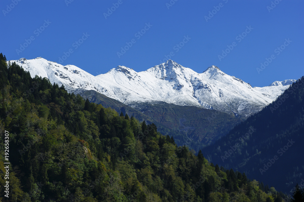 Snowy Kackar mountains scenery in Zilkale, Rize, in Turkey