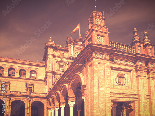 view of Sevilla, Spain in vintage retro style with a part of Plaza de Espana