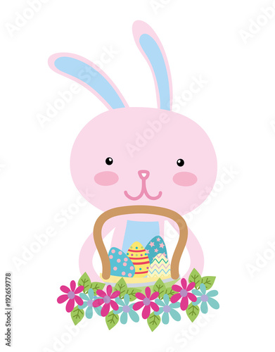 colorful rabbit animal with eggs easter inside hamper and flowers design