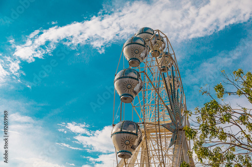 колесо обозрения с закрытыми кабинками на фоне голубого неба и дерева 