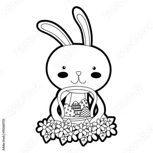 outline rabbit animal with eggs easter inside hamper and flowers design