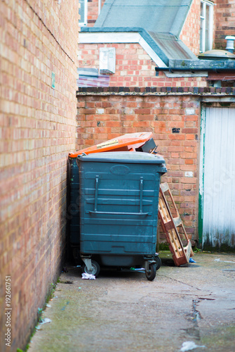 alley way with blue and orange dumpsters and wooden pallet © Paul Rushton