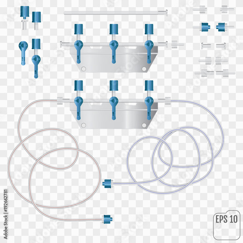 System for intravenous infusion with a reducer. System for intravenous infusions with a converting device.  Vector. Parts of the system for intravenous infusions