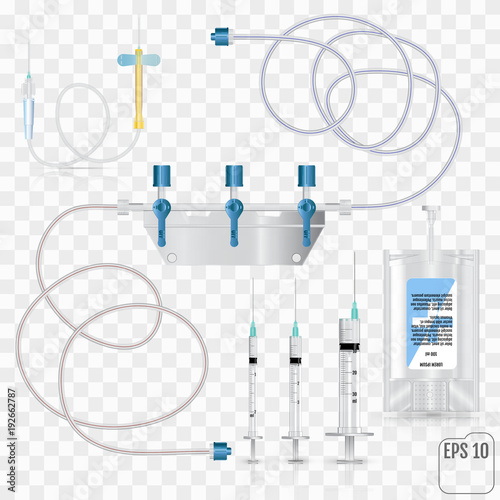 Bag of intravenous antibiotics and plastic infusion set. System for intravenous infusions with a converting device.  Tube and blood collection set. Vector