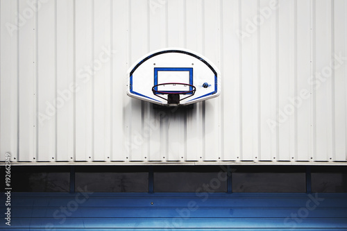 Basketball hoop fixed on a white wall above the blue garage door 