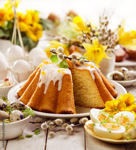 Easter yeast cake with icing and candied orange peel, delicious Easter dessert, traditional Easter pastries in Poland