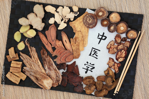 Chinese alternative medicine with herb selection and calligraphy script on rice paper. Translation reads as chinese alternative medicine. photo