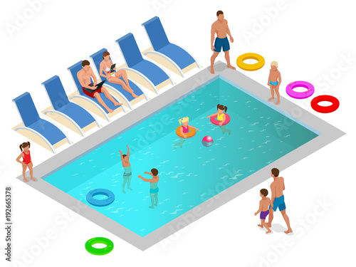 Isometric Family enjoying summer vacation in luxury swimming pool concept. Vector illustration