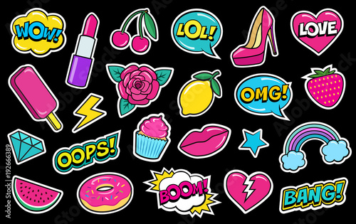 Set of cute fashion patches, strawberry, lipstick, ice-cream, donut, shoe, rose, diamond, lips, watermelon, cherry, cupcake, speech bubbles etc. Cartoon stickers, 80s-90s style. Vector illustration