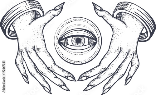 Witch hands with all seeing third eye. Dotwork tattoo design. Vector photo