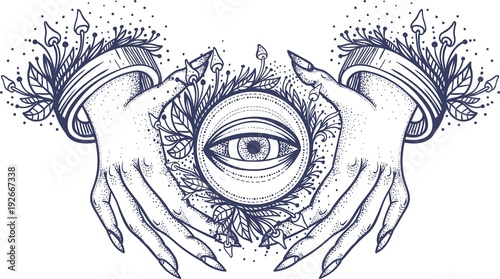 Witch hands with all seeing third eye mushrooms and herbs. Dotwork tattoo design. Vector