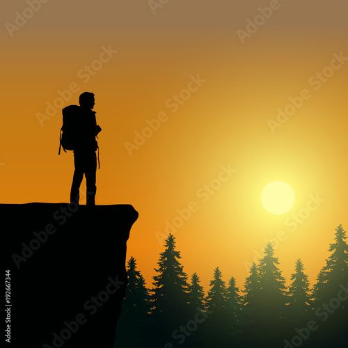 Vector illustration of mountain landscape with forest, rising sun and tourist