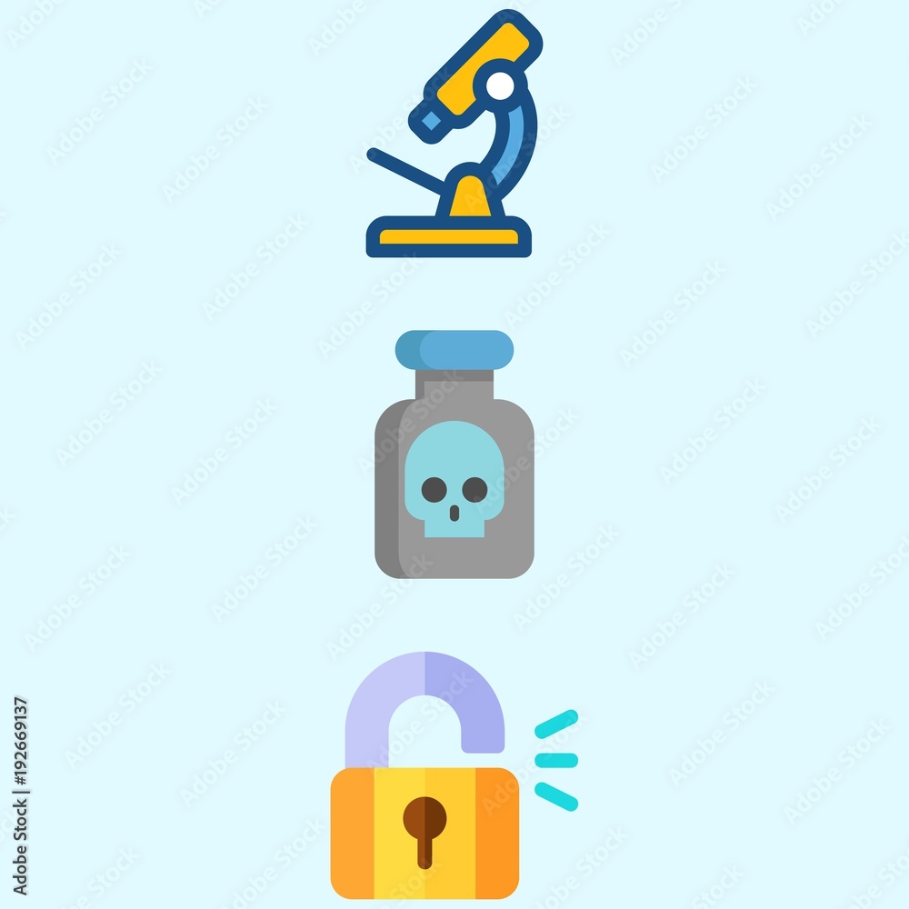 Icons about Crime Investigation with poison, microscope and padlock