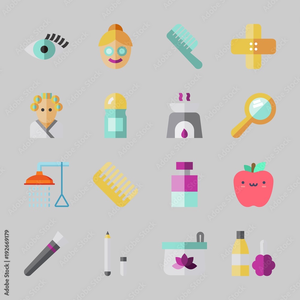 Icons about Beauty with apple, band aid, hair curler, face, cosmetics and sologne