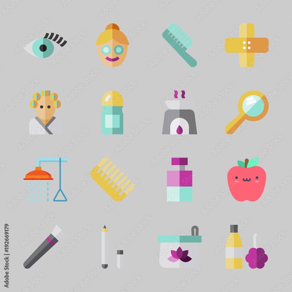 Icons about Beauty with apple, band aid, hair curler, face, cosmetics and sologne Icons about Beauty with apple, band aid, hair curler, face, cosmetics and sologne