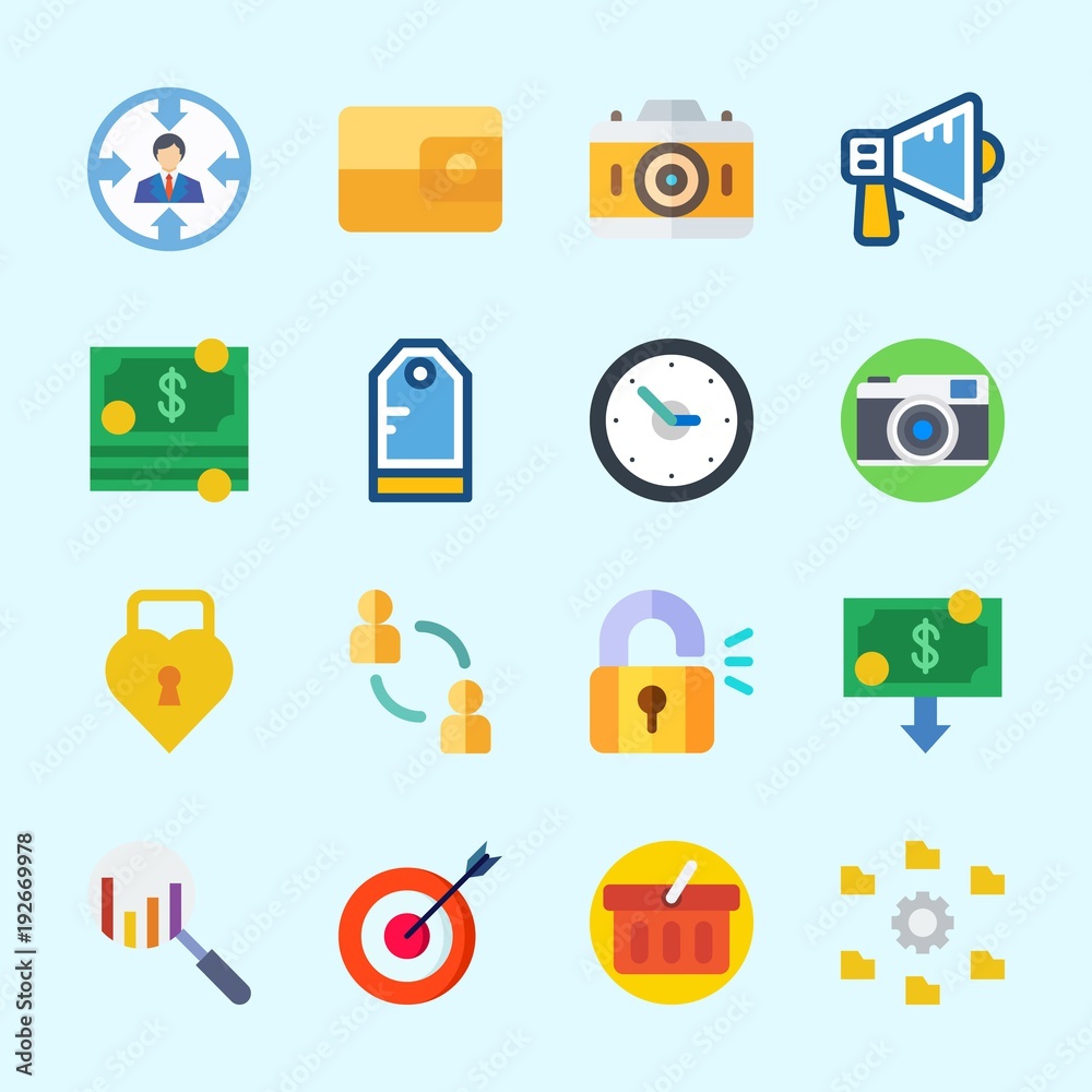Icons about Commerce with shopping basket, networking, photo camera, money, search and padlock Icons about Commerce with shopping basket, networking, photo camera, money, search and padlock