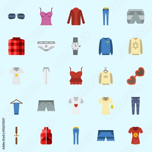 Icons about Man Clothes with shirt, underwear, short, watch, sleeveless and trousers