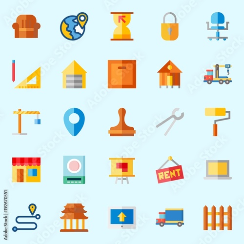 Icons about Real Assets with tools and utensils, rent, metallic blind, for rent, sand clock and winch